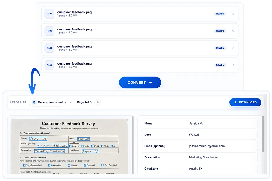 Upload a batch of scanned forms and review the extracted data