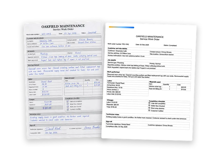 Handwritten work order alongside its formatted digital document