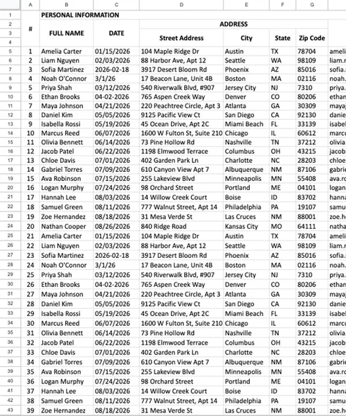Extracted form data exported to Excel