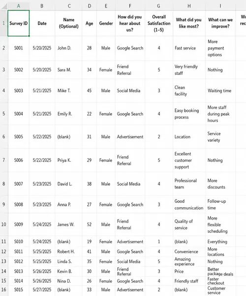 Extracted form data exported to Excel