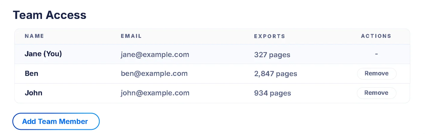 Team Access console showing team members, exported page counts, and controls to add or remove members
